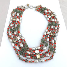 Load image into Gallery viewer, Grey Freshwater Pearl, Red, Green &amp; Grey Large Bead Necklace
