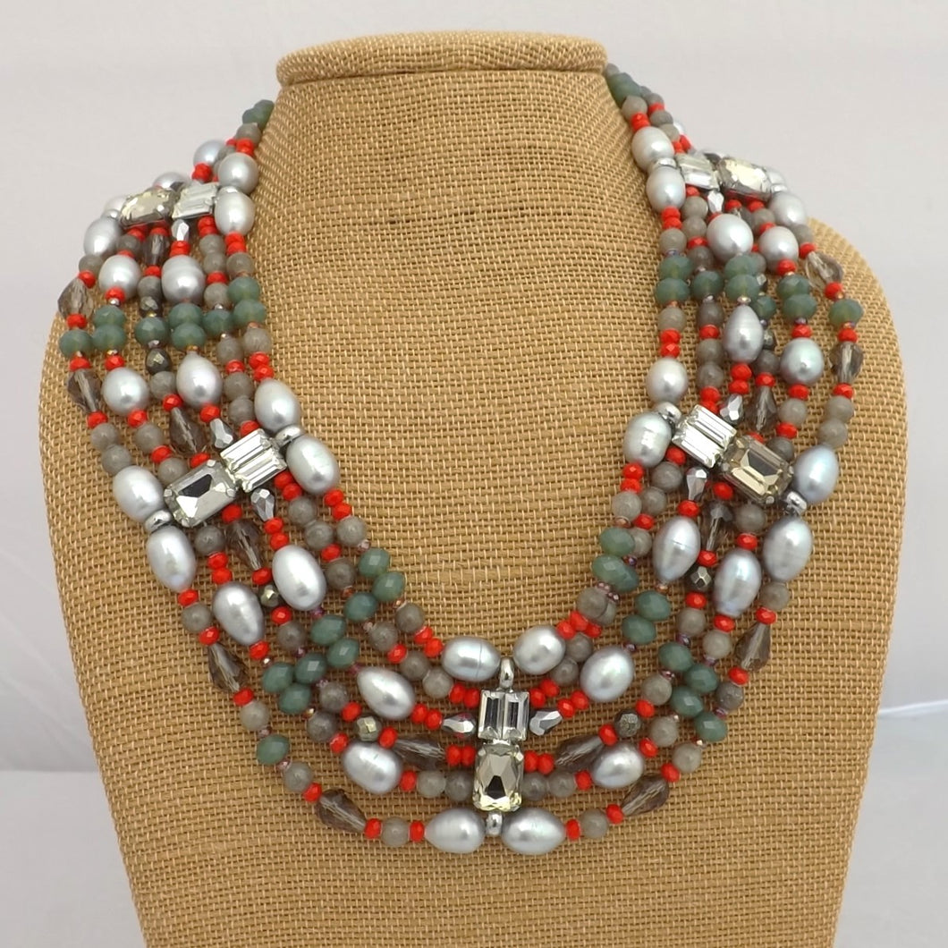 Grey Freshwater Pearl, Red, Green & Grey Large Bead Necklace