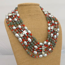 Load image into Gallery viewer, Grey Freshwater Pearl, Red, Green &amp; Grey Large Bead Necklace
