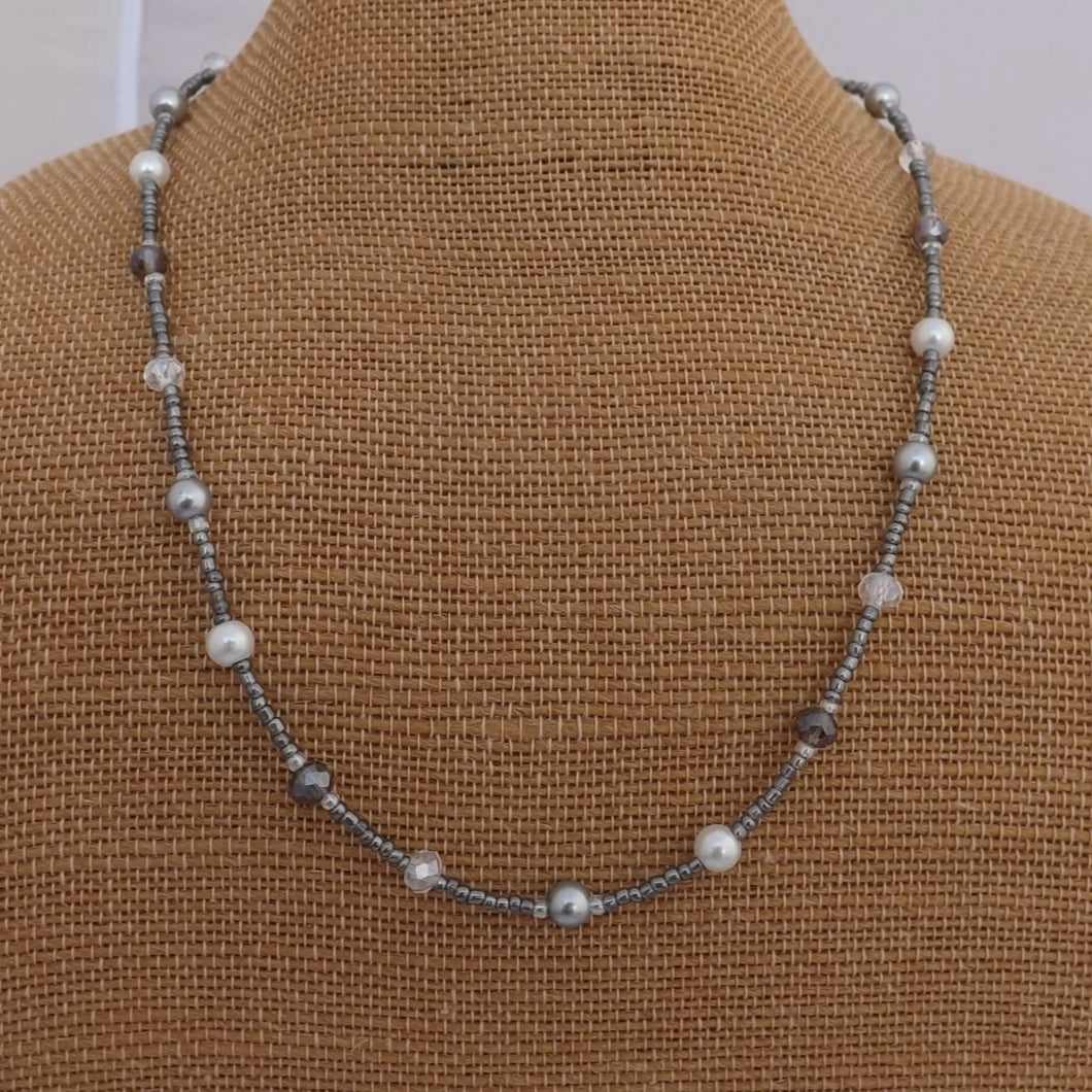 Grey, Pearl & Clear Handmade Glass Bead Necklace