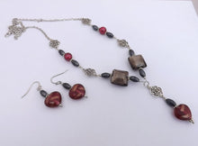 Load image into Gallery viewer, Grey, Pink &amp; Silver Tone Handmade Floral &amp; Heart Bead Necklace &amp; Earrings Set
