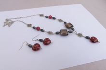 Load image into Gallery viewer, Grey, Pink &amp; Silver Tone Handmade Floral &amp; Heart Bead Necklace &amp; Earrings Set
