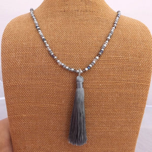 Grey & Silver Handmade Bead & Tassel Necklace