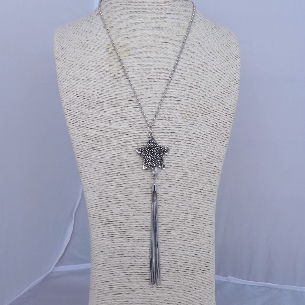 Grey Sparkly Star & Snake Chain Tassel Pendant Necklace on Chain