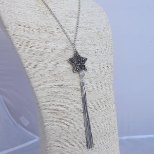 Grey Sparkly Star & Snake Chain Tassel Pendant Necklace on Chain
