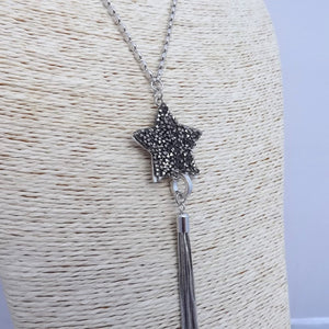 Grey Sparkly Star & Snake Chain Tassel Pendant Necklace on Chain