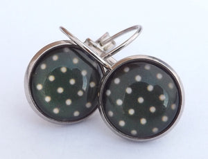 Grey & White Dots Dome Earrings on Lever Back Hooks