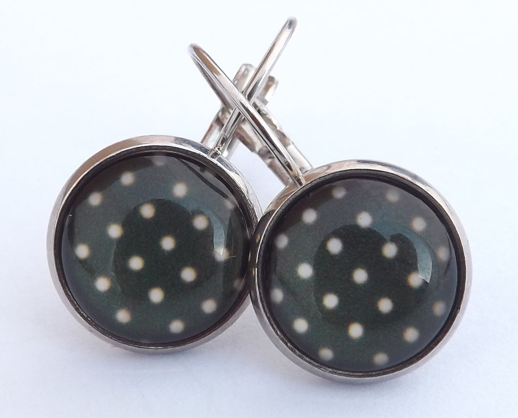 Grey & White Dots Dome Earrings on Lever Back Hooks