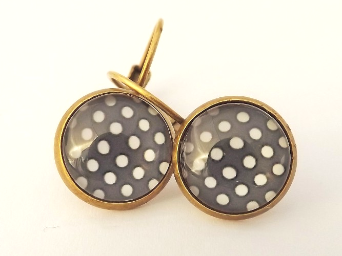 Grey & White Polka Dots - Dome Earrings on Lever back hooks