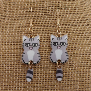 Grey & White Cat Drop Earrings