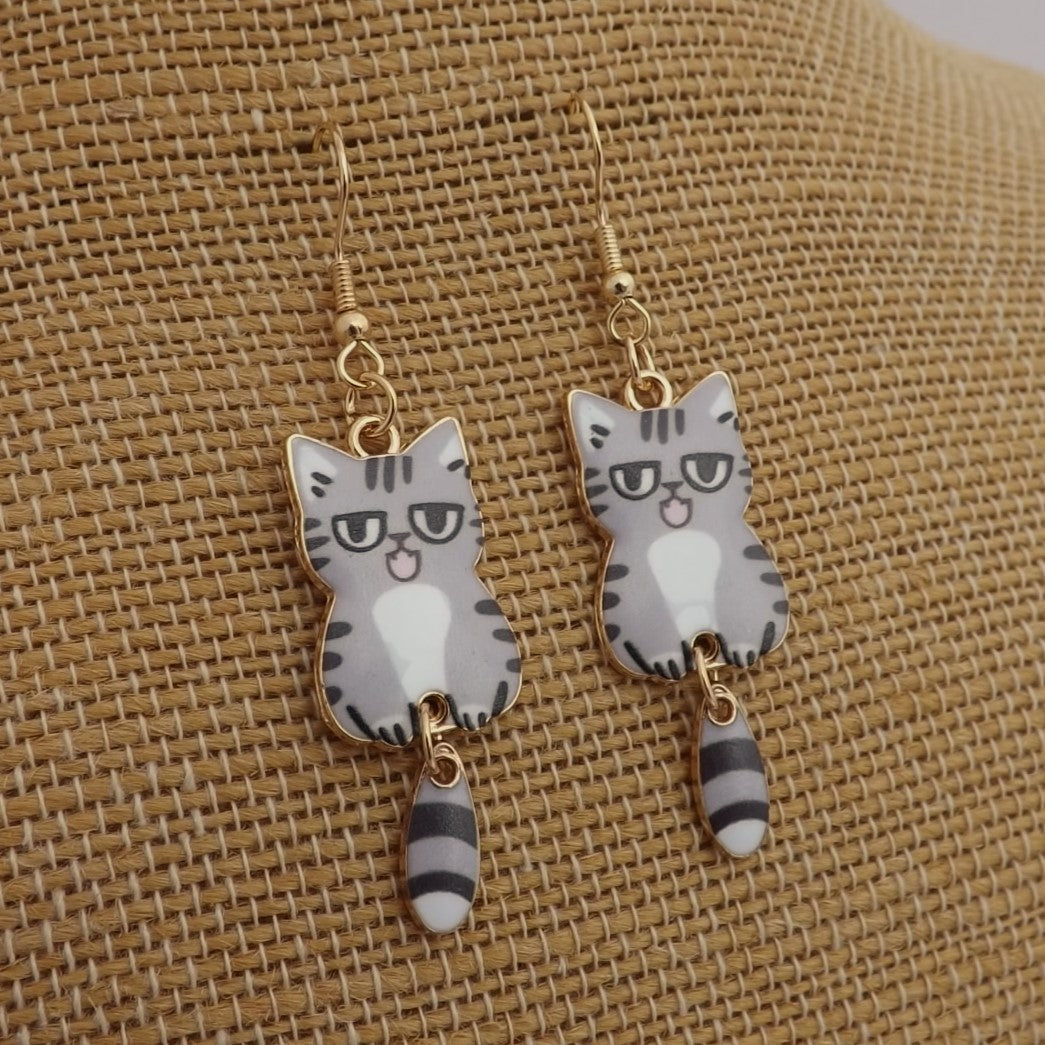 Grey & White Cat Drop Earrings