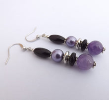 Load image into Gallery viewer, Handmade Amethyst, Black &amp; Silver Bead Earrings

