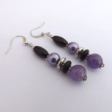 Load image into Gallery viewer, Handmade Amethyst, Black &amp; Silver Bead Earrings
