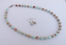 Load image into Gallery viewer, Handmade Lava Jasper Pink, Blue &amp; Cream Bead Necklace &amp; Earrings Set
