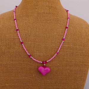 Handmade Pink Heart Pendant & Seed Bead Necklace