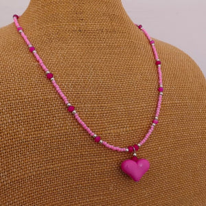 Handmade Pink Heart Pendant & Seed Bead Necklace