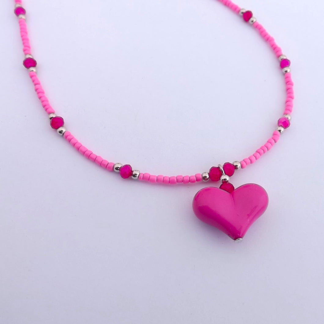 Handmade Pink Heart Pendant & Seed Bead Necklace