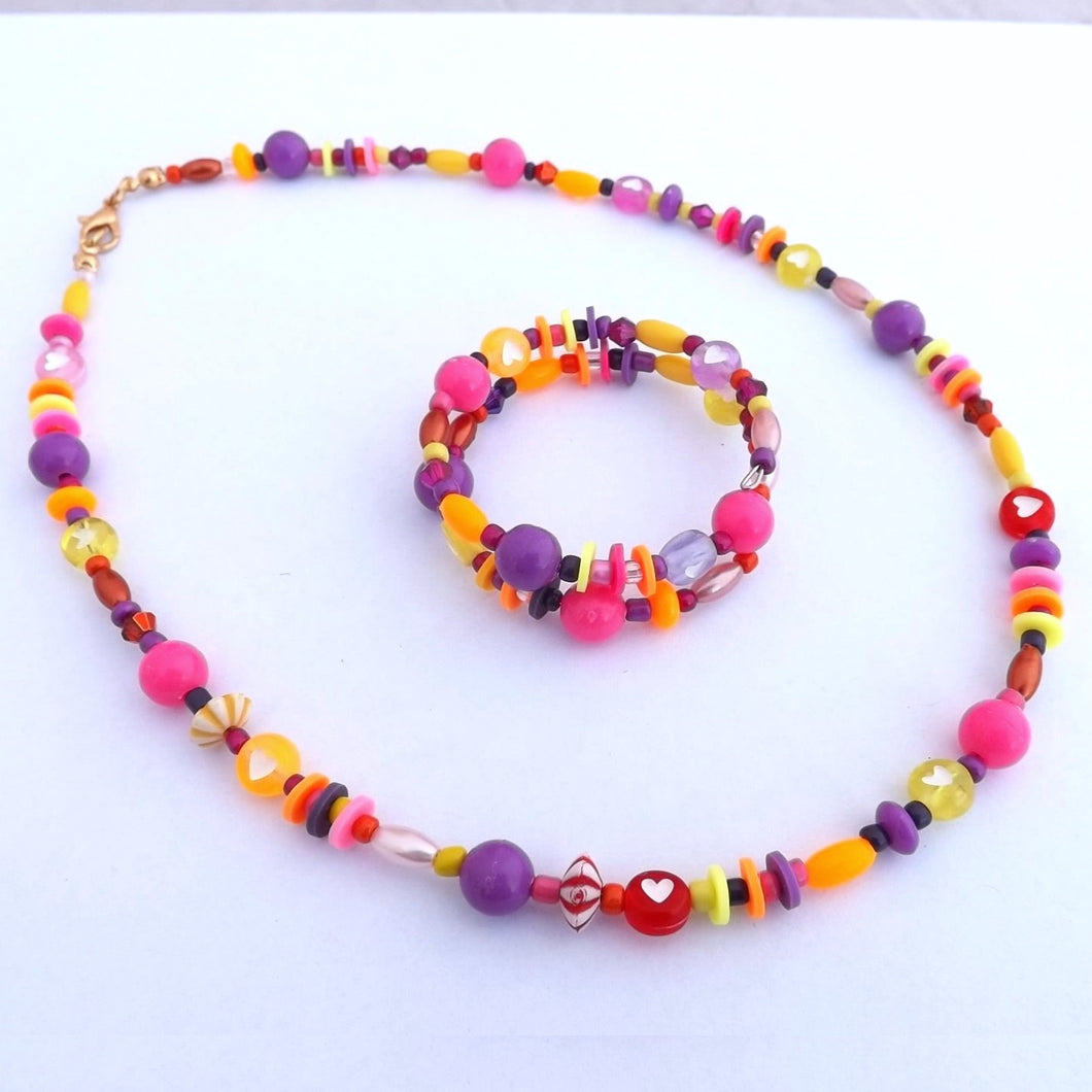 Handmade Pink, Purple, Orange & Yellow Memory Wire Bead Necklace & Bracelet Set