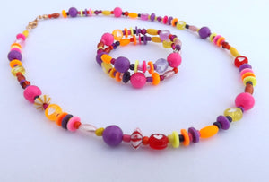 Handmade Pink, Purple, Orange & Yellow Memory Wire Bead Necklace & Bracelet Set