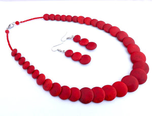 Handmade Red Layered Stone Bead Necklace & Earrings Set