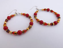 Load image into Gallery viewer, Handmade Red &amp; Gold Hoop Bead Earrings
