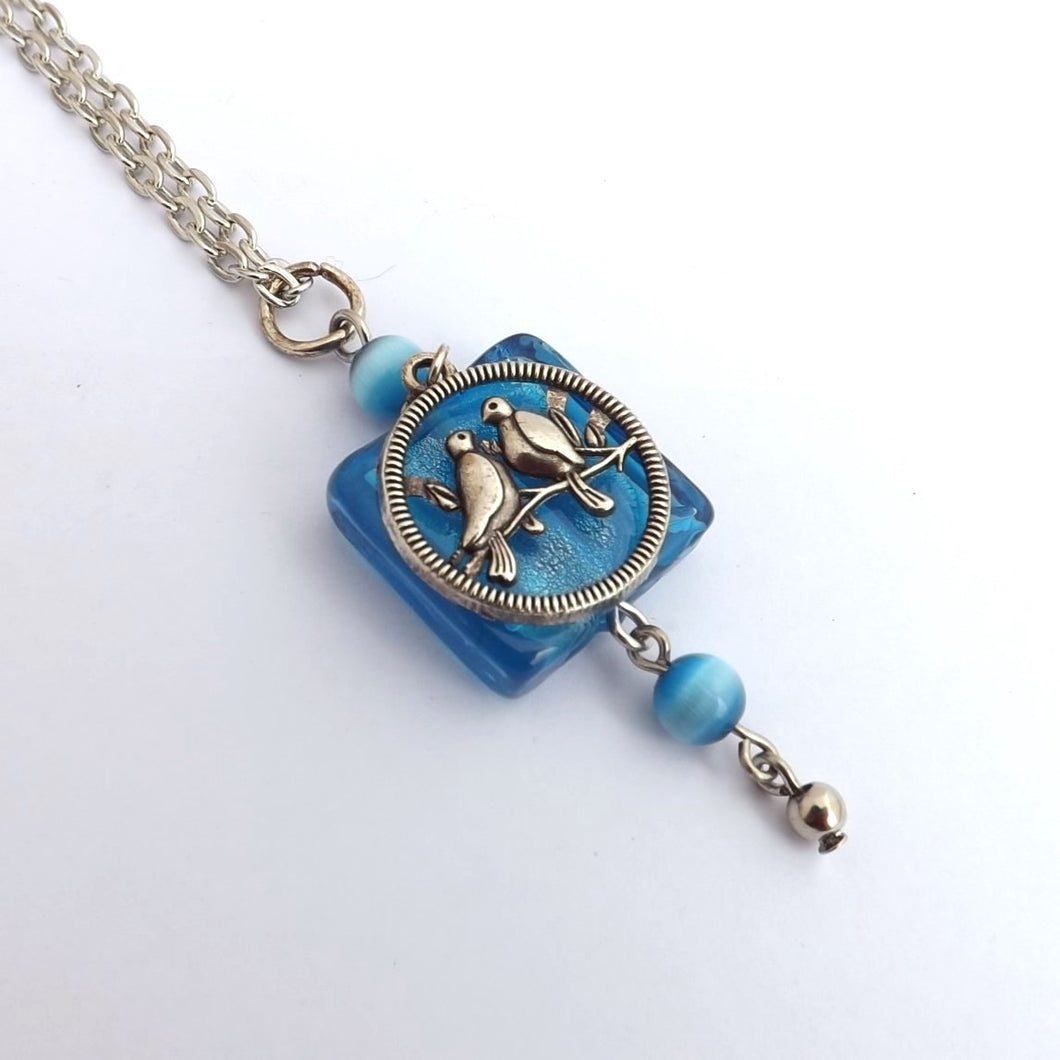 Handmade Silver Tone Bird Charm & Blue Bead Pendant Necklace