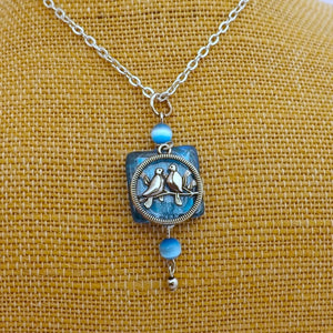 Handmade Silver Tone Bird Charm & Blue Bead Pendant Necklace