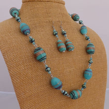 Load image into Gallery viewer, Handmade Blue &amp; Gold Chain Link Lamp Work Glass Bead Necklace &amp; Earrings
