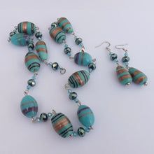 Load image into Gallery viewer, Handmade Blue &amp; Gold Chain Link Lamp Work Glass Bead Necklace &amp; Earrings
