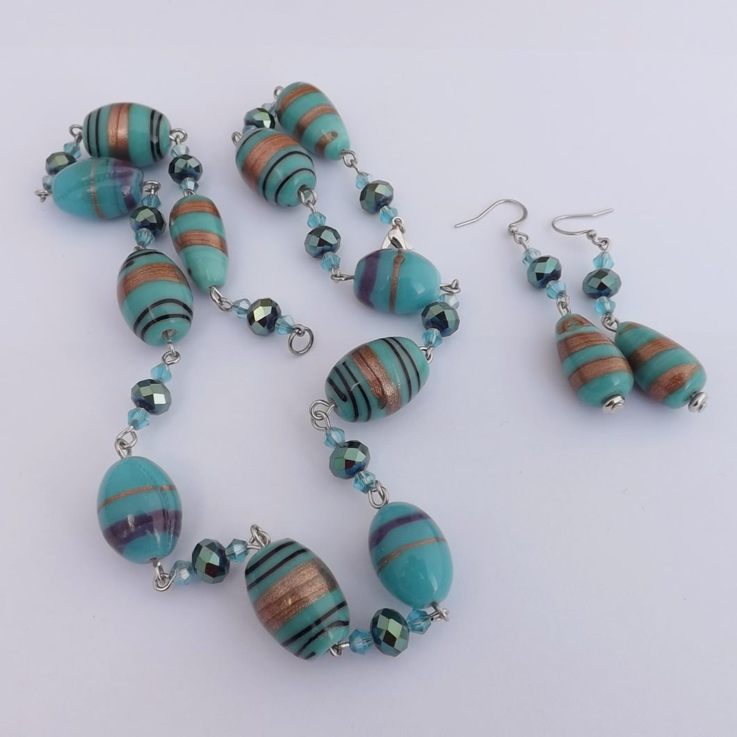 Handmade Blue & Gold Chain Link Lamp Work Glass Bead Necklace & Earrings