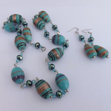 Load image into Gallery viewer, Handmade Blue &amp; Gold Chain Link Lamp Work Glass Bead Necklace &amp; Earrings
