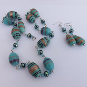 Handmade Blue & Gold Chain Link Lamp Work Glass Bead Necklace & Earrings