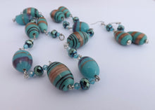 Load image into Gallery viewer, Handmade Blue &amp; Gold Chain Link Lamp Work Glass Bead Necklace &amp; Earrings
