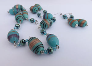 Handmade Blue & Gold Chain Link Lamp Work Glass Bead Necklace & Earrings