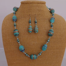 Load image into Gallery viewer, Handmade Blue &amp; Gold Chain Link Lamp Work Glass Bead Necklace &amp; Earrings
