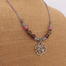 Load image into Gallery viewer, Handmade Purple  &amp; Grey Bead Necklace with Floral Charm

