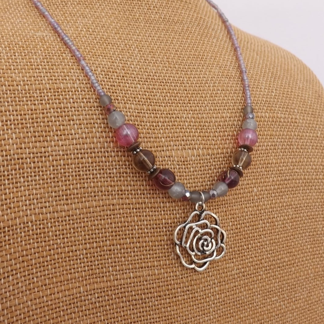 Handmade Purple  & Grey Bead Necklace with Floral Charm