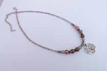 Load image into Gallery viewer, Handmade Purple  &amp; Grey Bead Necklace with Floral Charm
