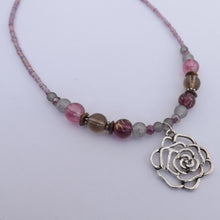 Load image into Gallery viewer, Handmade Purple  &amp; Grey Bead Necklace with Floral Charm
