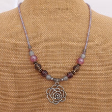 Load image into Gallery viewer, Handmade Purple  &amp; Grey Bead Necklace with Floral Charm
