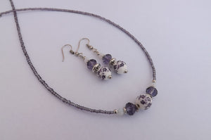 Handmade Purple & White Floral Ceramic Bead Necklace & Earrings Set