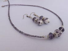 Load image into Gallery viewer, Handmade Purple &amp; White Floral Ceramic Bead Necklace &amp; Earrings Set
