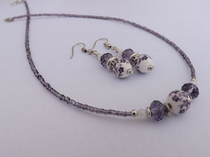 Handmade Purple & White Floral Ceramic Bead Necklace & Earrings Set