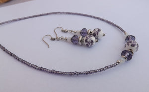 Handmade Purple & White Floral Ceramic Bead Necklace & Earrings Set