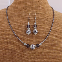 Load image into Gallery viewer, Handmade Purple &amp; White Floral Ceramic Bead Necklace &amp; Earrings Set
