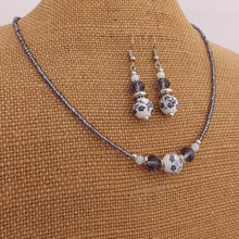 Load image into Gallery viewer, Handmade Purple &amp; White Floral Ceramic Bead Necklace &amp; Earrings Set
