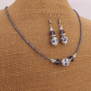Handmade Purple & White Floral Ceramic Bead Necklace & Earrings Set