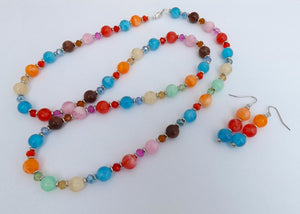 Red, Blue, Orange, Pink & Green Handmade Bead Necklace & Earrings Set (Copy)