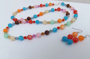 Red, Blue, Orange, Pink & Green Handmade Bead Necklace & Earrings Set (Copy)