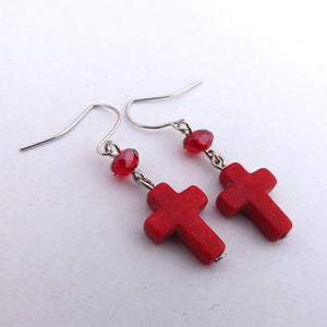 Handmade Red Cross & Bead Earrings